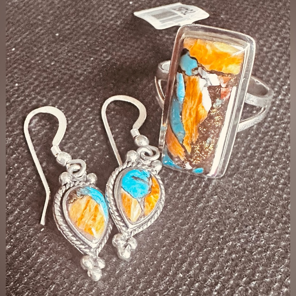 Kingman Turquoise and Spiny Oyster Ring 8 and perfectly matching Earrings SS NWT